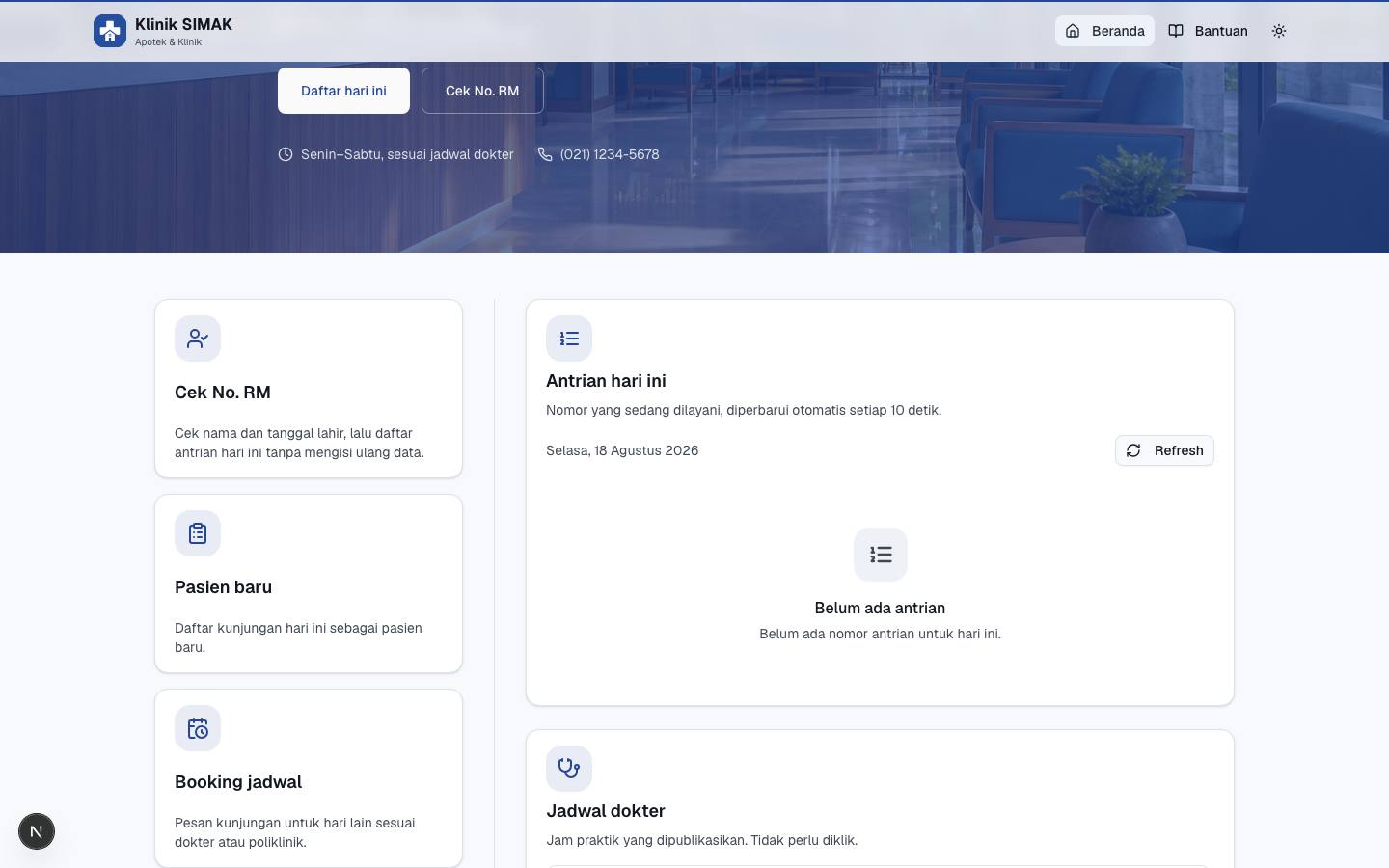 Tiga kartu di kiri: Cek No. RM, Pasien baru, Booking jadwal; di kanan antrian dan jadwal dokter
