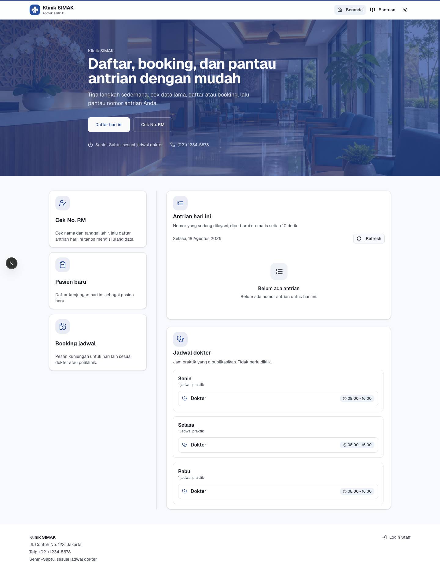Tampilan beranda: banner klinik, tombol Daftar hari ini dan Cek No. RM